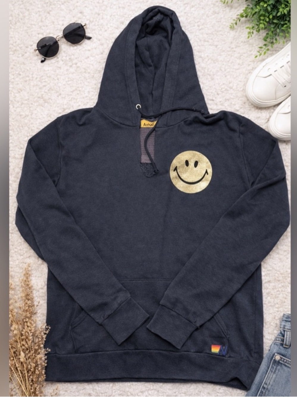 Aviator Nation SMILEY METALLIC SPLIT-NECK HOODIE CHARCOAL /METALLIC GOLD- small
